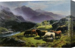Landscape with Stream And Mountains Canvas Paintings - Highland Cattle Grazing by a Mountain Stream by William Watson