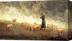 A Shepherdess with Her Flock Canvas Paintings - Shepherdess Tending Sheep by Winslow Homer