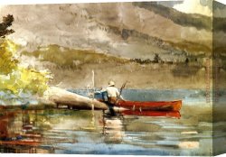 Canoe Canvas Paintings - The Red Canoe i by Winslow Homer