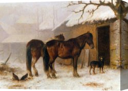 Horse's Canvas Paintings - Horses in a Snow Covered Farm Yard by Wouterus Verschuur Jr