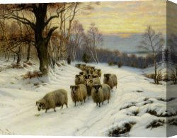 Landscape with Shepherds Watering Their Flocks Canvas Paintings - A Shepherd and his Flock on a Path in Winter by Wright Barker